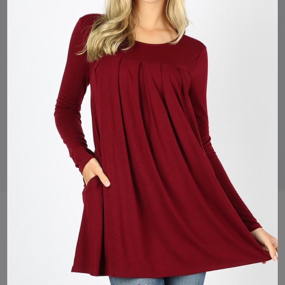 Dark Burgundy Pleat-Front Long Sleeve Tunic